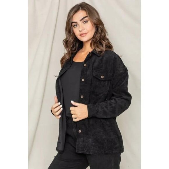 Plus Size Corduroy Boyfriend Oversized Shacket – Black (1XL) - Picture 1 of 2